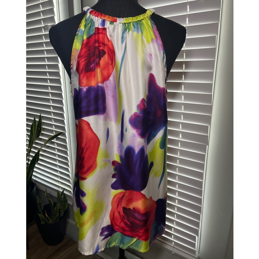 Karen Kane Silk Multicolor Floral Ruffle Tank Blouse L Boho Resort Statement - Picture 8 of 10